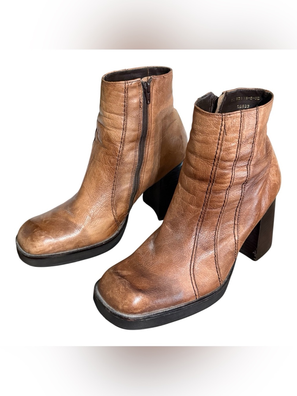 KF Ltd. Women's Brown Leather Ankle Booties with Block Heel and Side Zip
